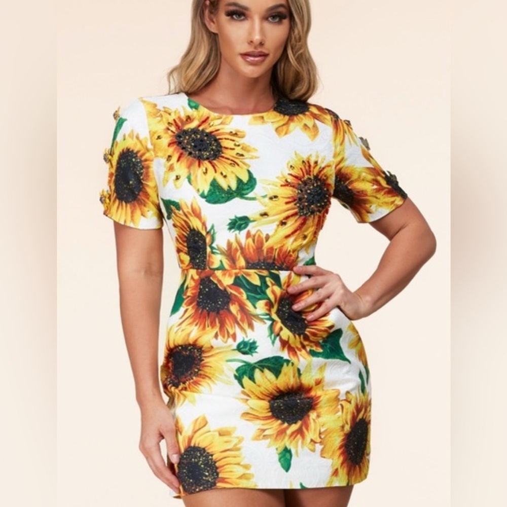 L'ATISTE Sunflower Paradise Mini Dress White Yellow Floral Embellished SZ Large
